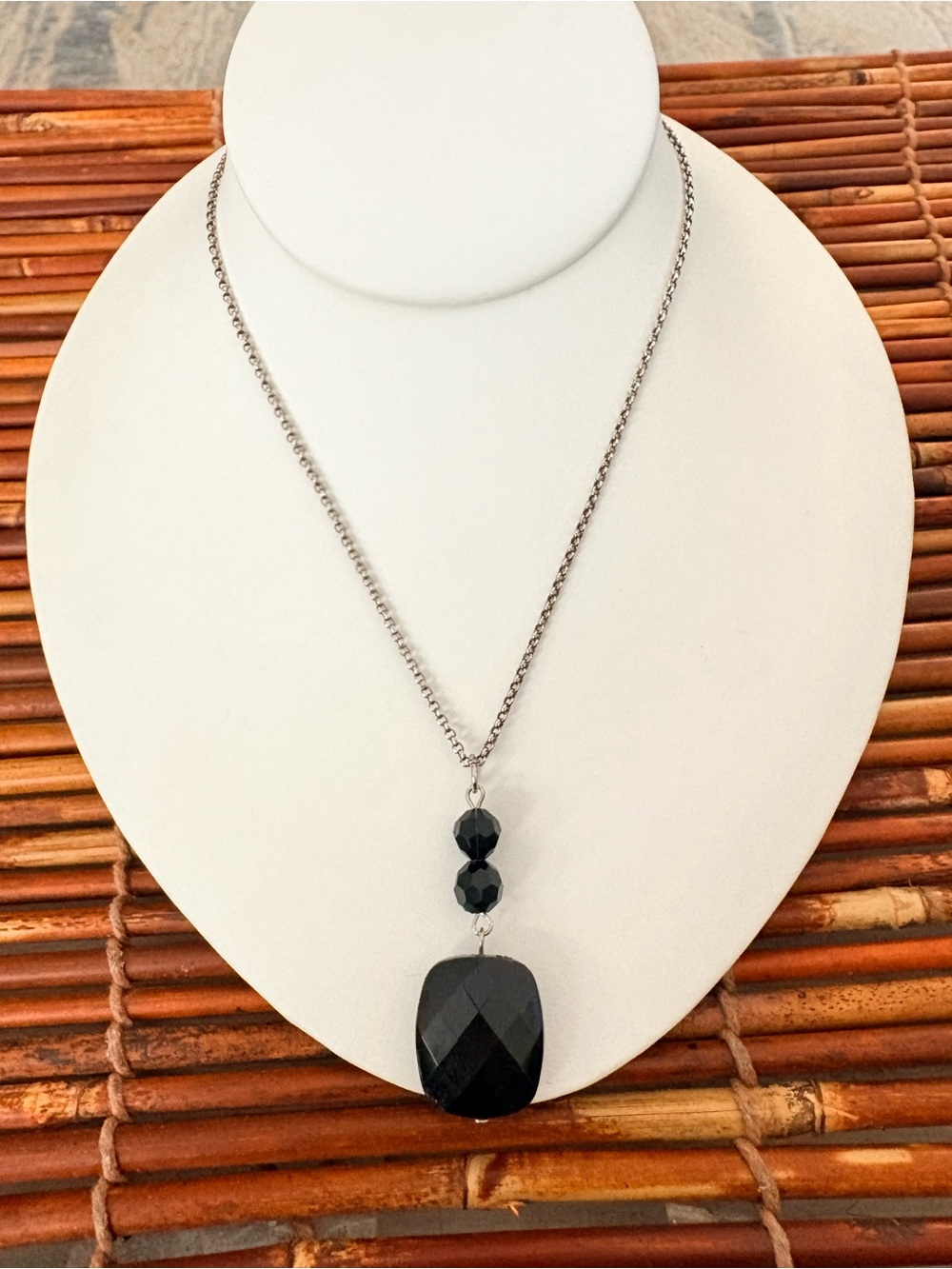 Origami Owl Black Faceted Drop Pendant on Silver-Tone Chain 24”-26”